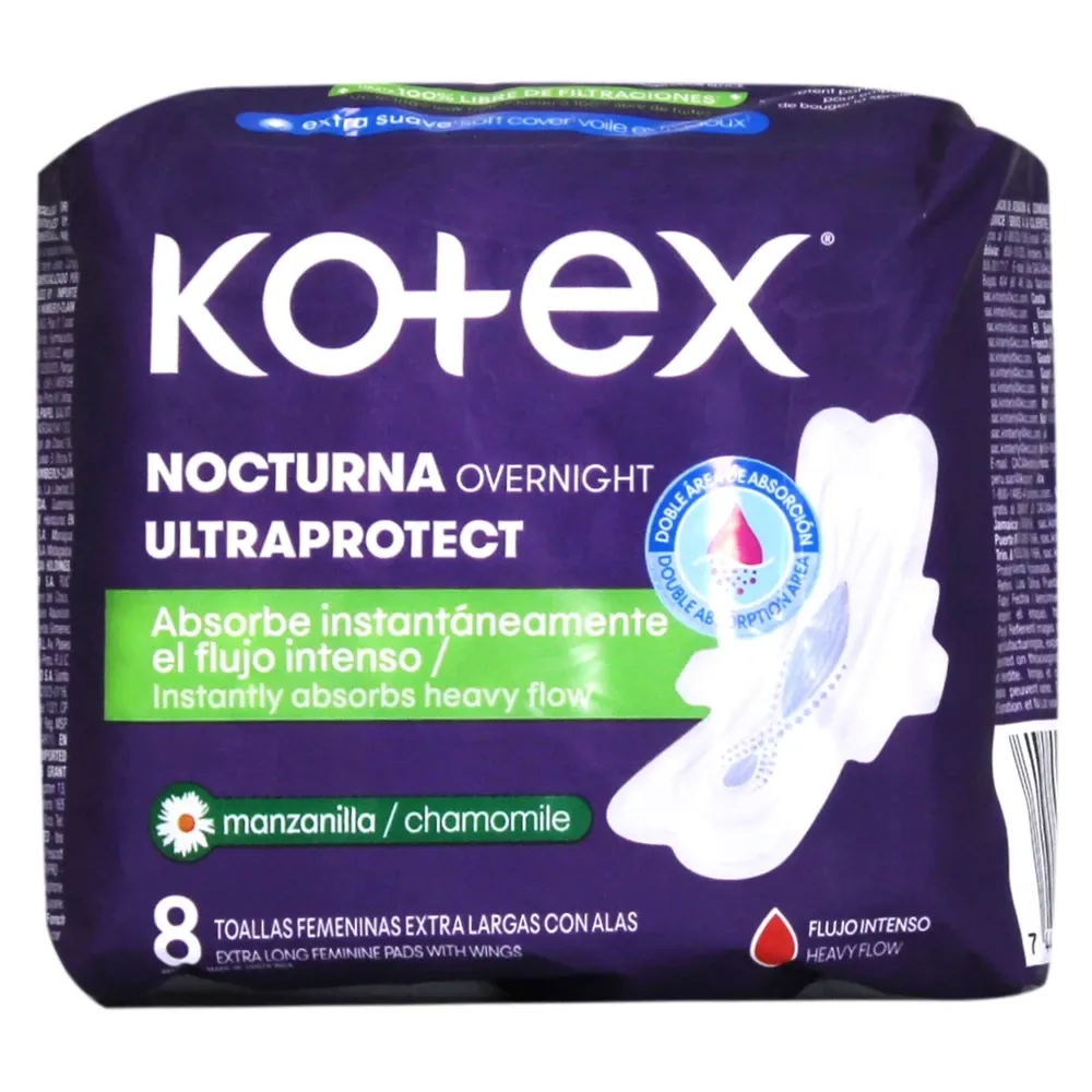 Toallas Sanitarias Kotex Nocturna Manzanilla 8 Unidades